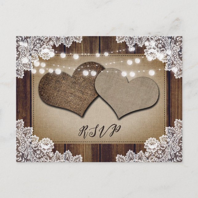 Rustic Burlap Hearts RSVP Postcard Meal Choice (Front)
