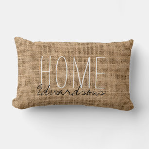 Rustic burlap home script family name lumbar pillow