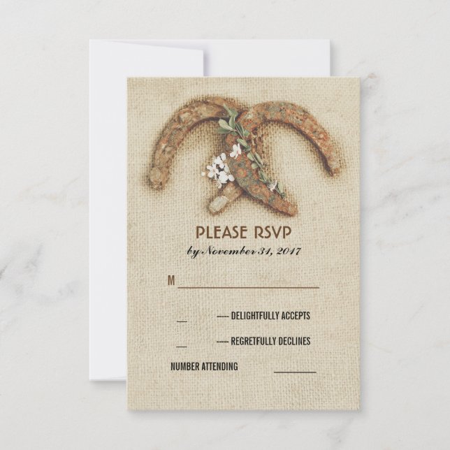 rustic burlap horseshoes couple wedding RSVP card (Front)