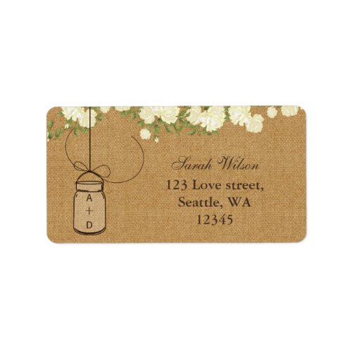 rustic burlap ivory roses mason jar address label