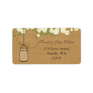 rustic burlap ivory roses mason jar address label