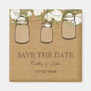 rustic burlap ivory roses mason jar save the Date Magnet