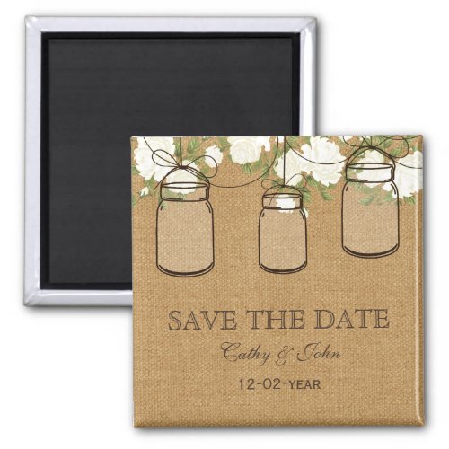 rustic burlap ivory roses mason jar save the Date Magnet