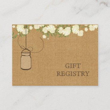 rustic burlap ivory roses mason jars gift registry enclosure card