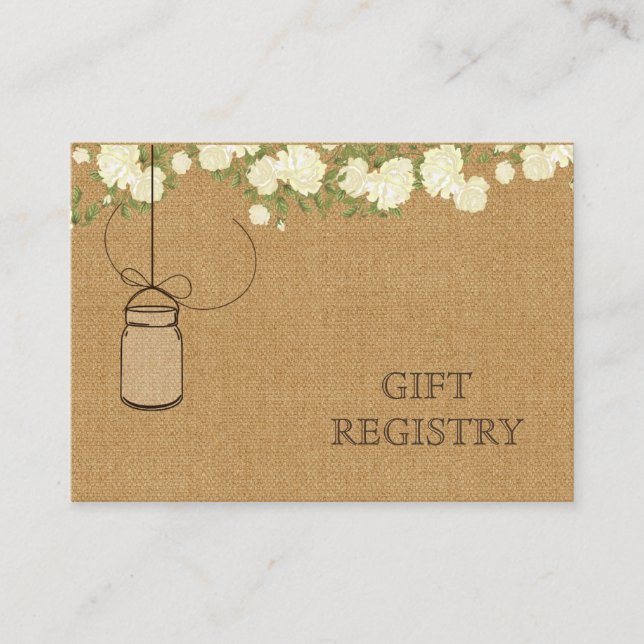 rustic burlap ivory roses mason jars gift registry enclosure card (Front)