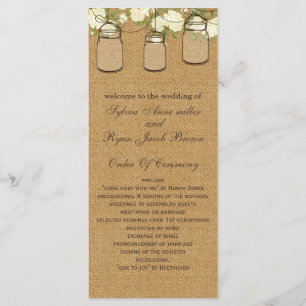 rustic burlap ivory roses mason jars programs