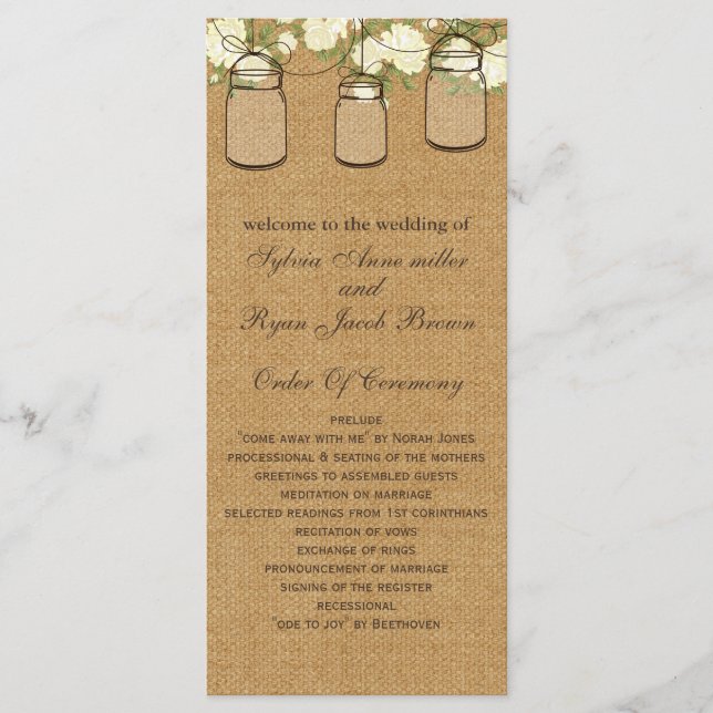 rustic burlap ivory roses mason jars programs (Front)
