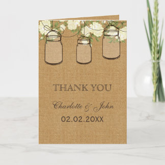 rustic burlap ivory roses mason jars  Thank You Card