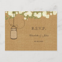 rustic burlap ivory roses wedding RSVP Invitation Postcard