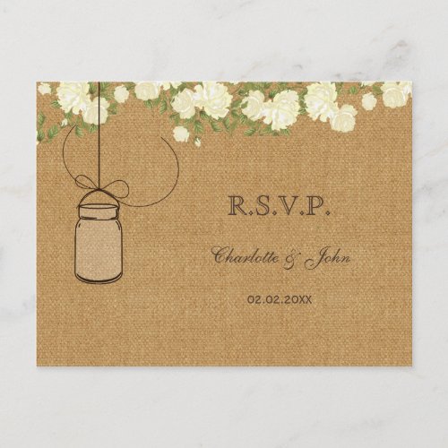 rustic burlap ivory roses wedding RSVP Invitation Postcard