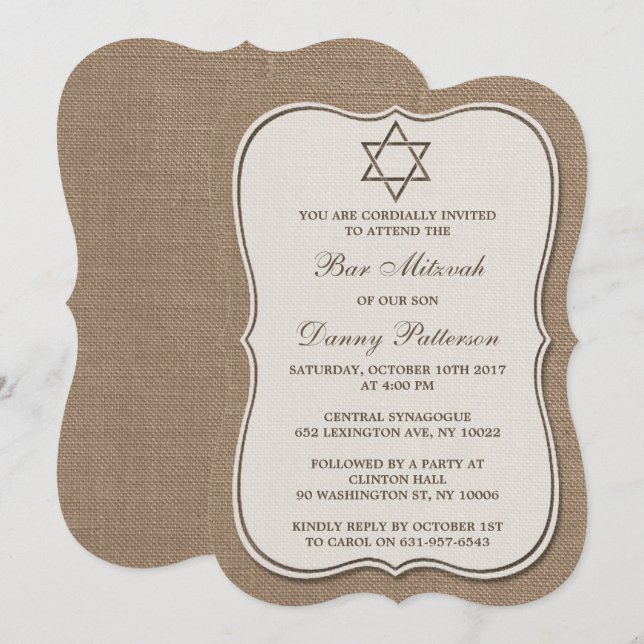 Rustic Burlap Jewish Star Of David Bar Mitzvah Invitation (Front/Back)