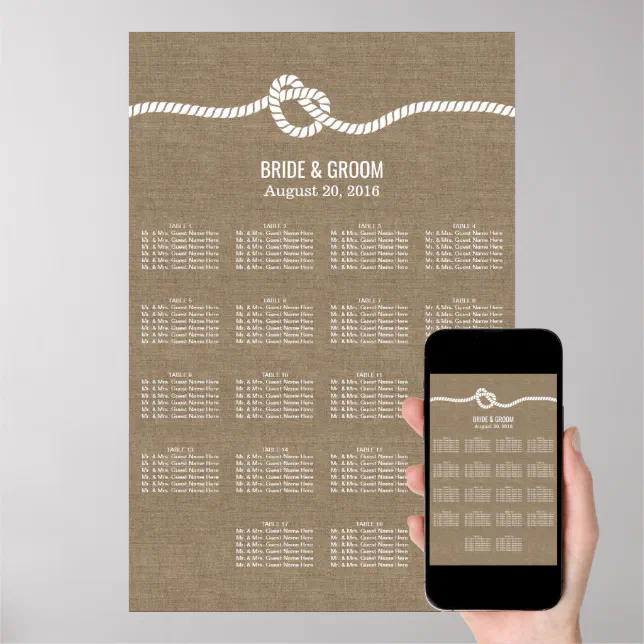 Rustic Burlap Knot 18 Tables Wedding Seating Chart Zazzle