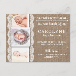 Rustic Burlap & Lace 3 Photo Birth Announcement