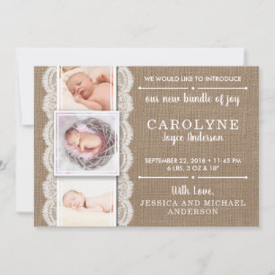 Rustic Burlap & Lace 3 Photo Birth Announcement