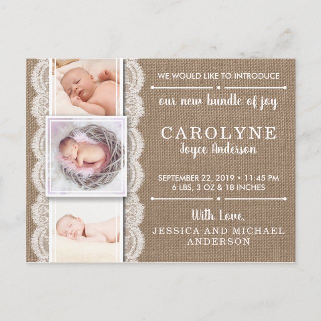 Rustic Burlap & Lace | 3 Photo Birth Announcement Postcard (Front)