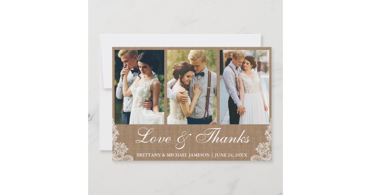 Rustic Burlap Lace 3 Photo Love and Thanks Thank You Card | Zazzle