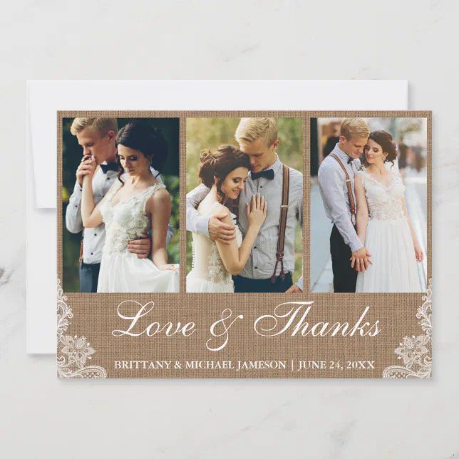 Rustic Burlap Lace 3 Photo Love and Thanks Thank You Card | Zazzle