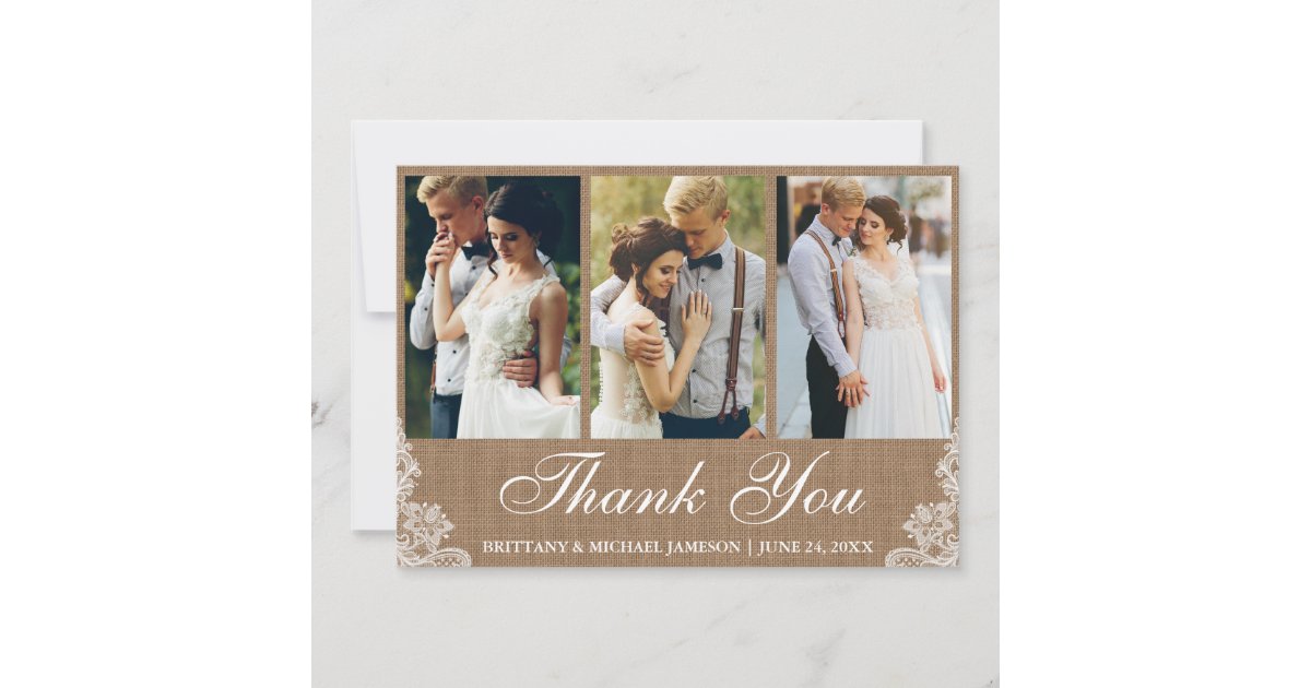 Rustic Burlap Lace 3 Photo Wedding Thank You | Zazzle
