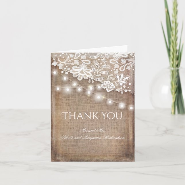 Rustic Burlap Lace and String Lights Thank You Card (Front)