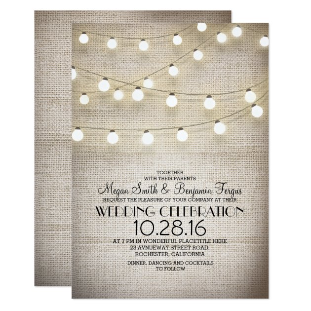 Rustic Burlap Lace And String Lights Wedding Invitation