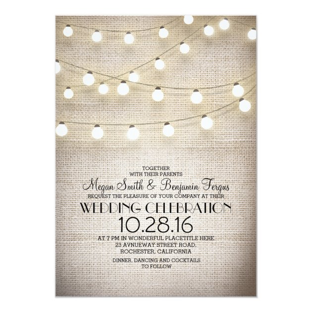 Rustic Burlap Lace And String Lights Wedding Invitation