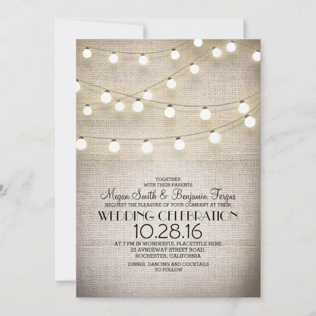 Rustic Burlap Lace and String Lights Wedding Invitation | Zazzle