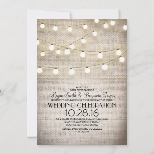 burlap lace &amp; string lights rustic wedding invites