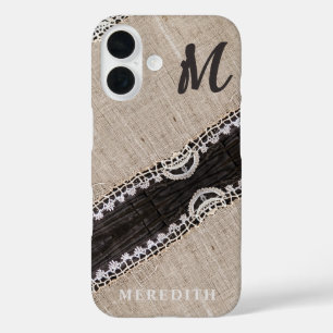Rustic Burlap Lace Barn Wood Elegance Monogram iPhone 16 Case