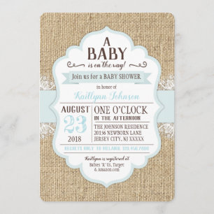 Rustic Burlap Lace Blue Baby Shower Invitation