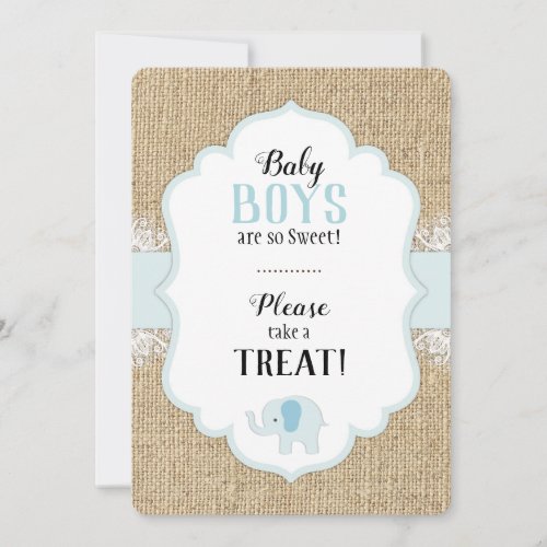 Rustic Burlap Lace Blue Baby Shower Table Sign Invitation