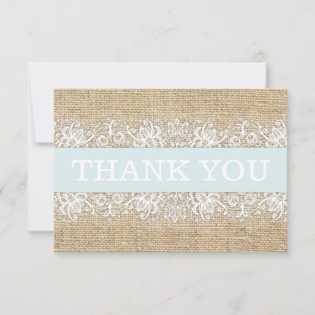Rustic Burlap Lace Blue Boy Modern Thank You Card (Front)