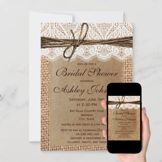 Rustic Burlap Lace Bridal Shower Invitations Zazzle