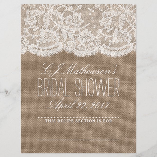 Rustic Burlap & Lace Bridal Shower Recipe Dividers (Front)