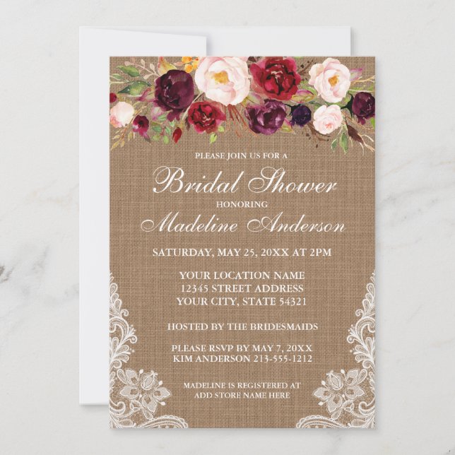Rustic Burlap Lace Burgundy Floral Bridal Shower Invitation (Front)
