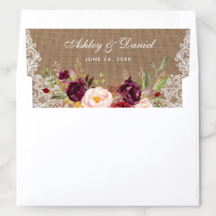 Rustic Burlap Lace Burgundy Floral Wedding Envelope Liner