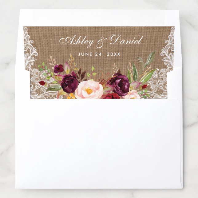 Rustic Burlap Lace Burgundy Floral Wedding Envelope Liner (In Envelope)