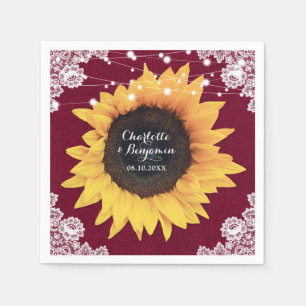 Rustic Burlap Lace Burgundy Sunflower Wedding Napkins
