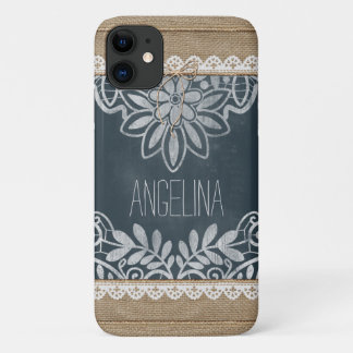 Rustic Burlap Lace Chalkboard Personalized iPhone 11 Case