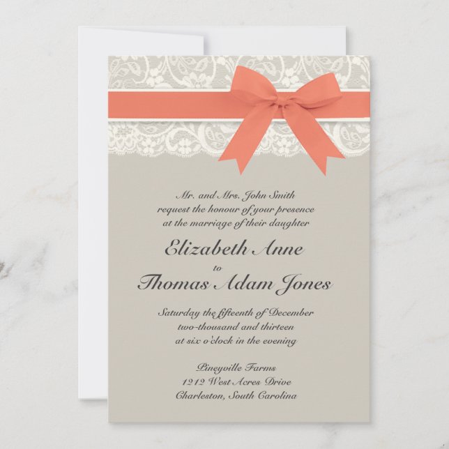 Rustic Burlap Lace Coral Gray Wedding Invitation (Front)