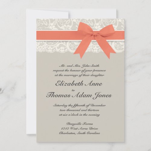 Rustic Burlap Lace Coral Gray Wedding Invitation