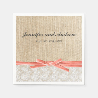 Rustic Burlap Lace Coral Ribbon Wedding Paper Napkin