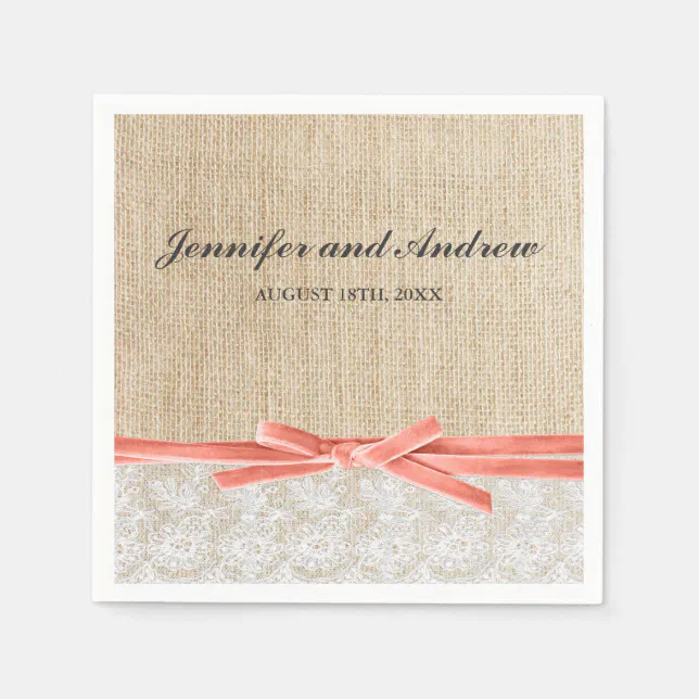 Rustic Burlap Lace Coral Ribbon Wedding Paper Napkins | Zazzle