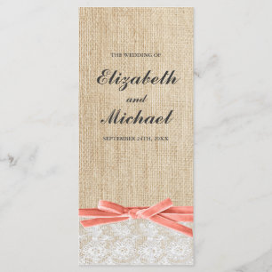 Rustic Burlap Lace Coral Ribbon Wedding Program