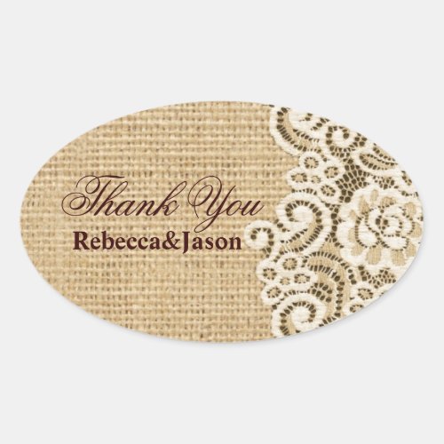 rustic burlap lace country wedding thank you oval sticker