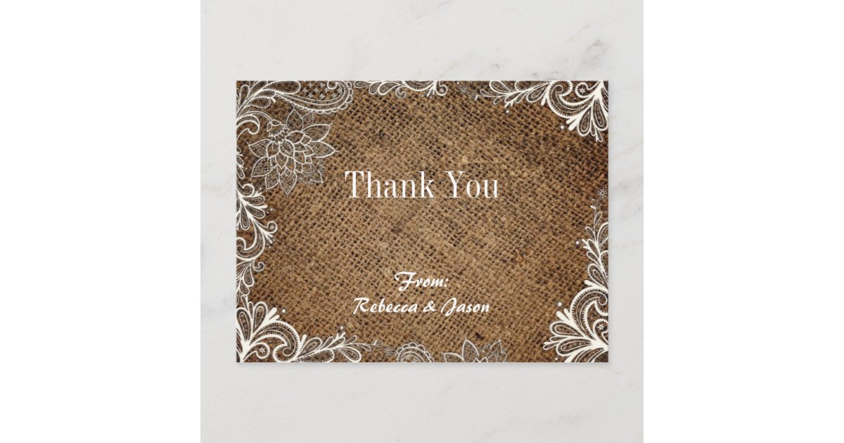 rustic burlap lace country wedding thank you postcard | Zazzle