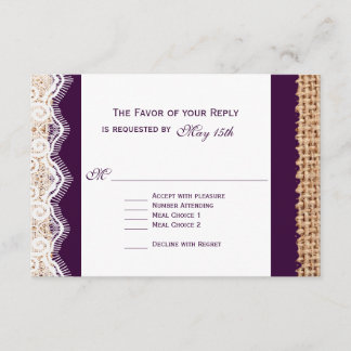 Rustic Burlap Lace Dark Purple Wedding RSVP Card2 Card