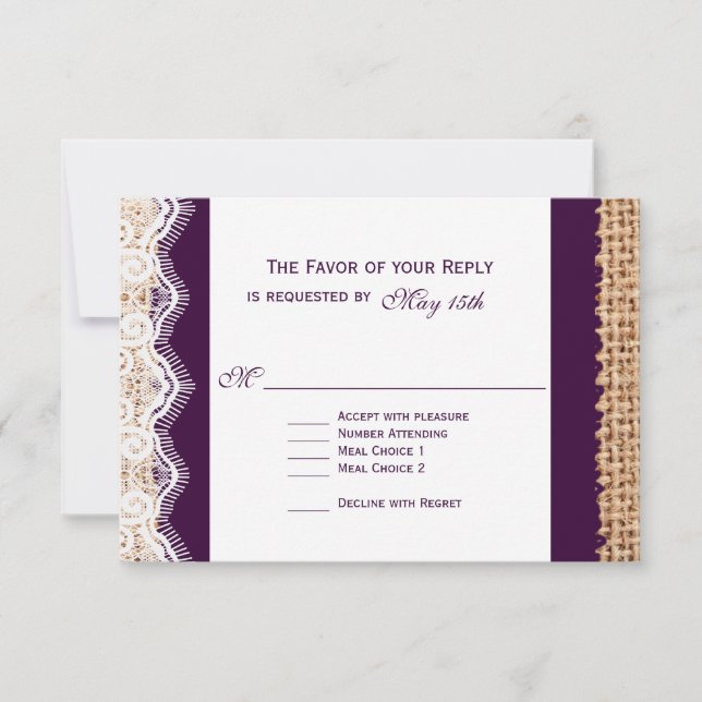 Rustic Burlap Lace Dark Purple Wedding RSVP Card2 Card (Front)