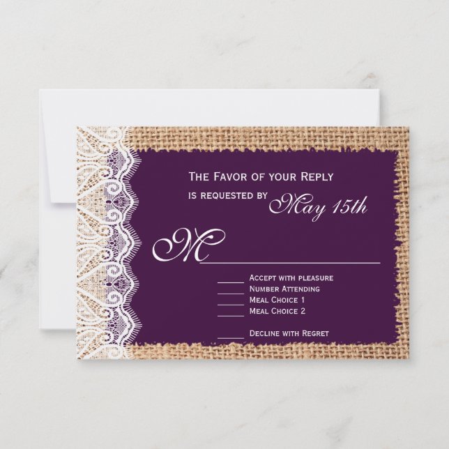 Rustic Burlap Lace Dark Purple Wedding RSVP Cards (Front)