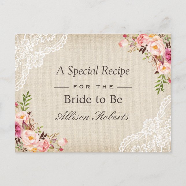 Rustic Burlap Lace Floral Bride To Be Recipe Card (Front)