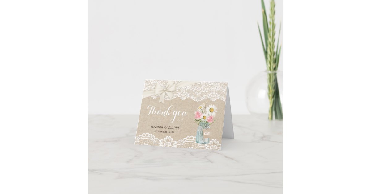 Rustic Burlap Lace Floral Mason Jar Thank You Card | Zazzle
